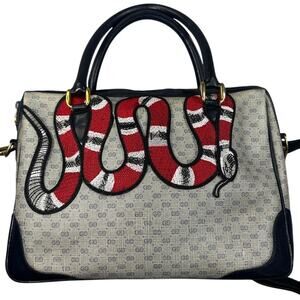 Gucci Satchel Micro GG Navy Leather Embroidered Snake